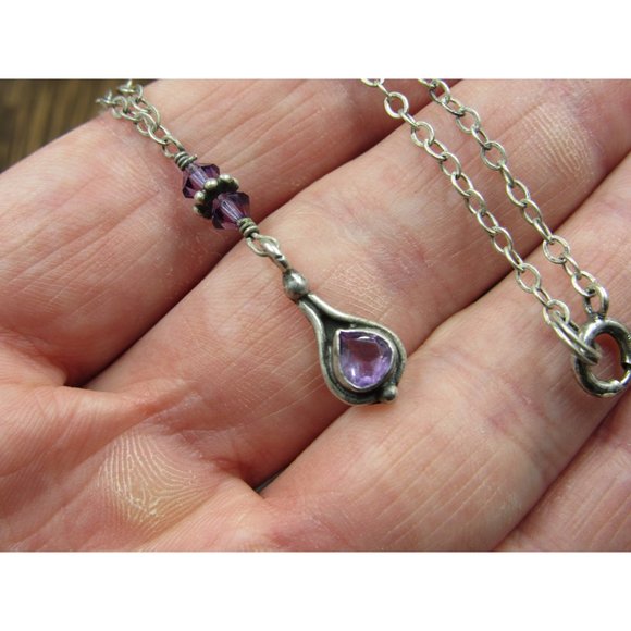 16" Sterling Silver Heavily Tarnished Amethyst Necklace Vintage Minimalist - Picture 3 of 7